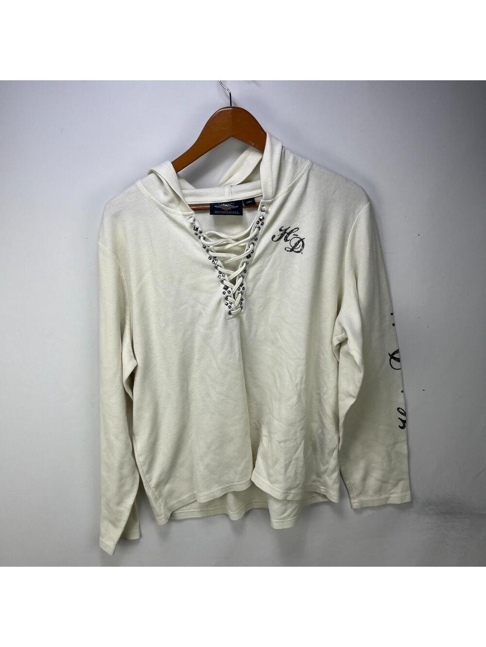 Vintage Harley Davidson Rhinestone Skull Thermal Hoodie 2W - Picture 6 of 12